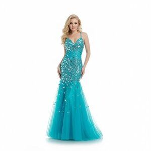 Romance Couture Sheer Rhinestone Grad Prom Dress RM5012 Turquoise